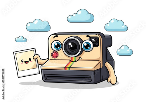 Cute cartoon instant camera character holding a photograph, surrounded by fluffy clouds, in a playful and nostalgic style