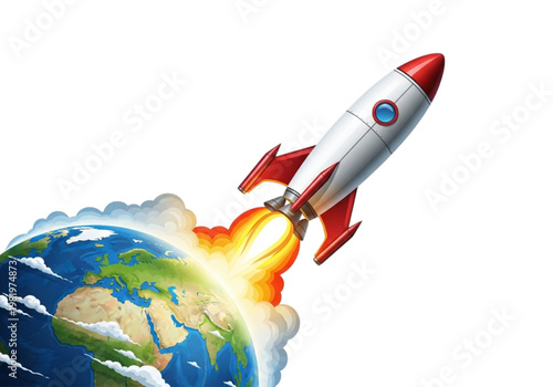 A majestic rocket ship launches from Earth, ascending into the bright sky, symbolizing progress and exploration