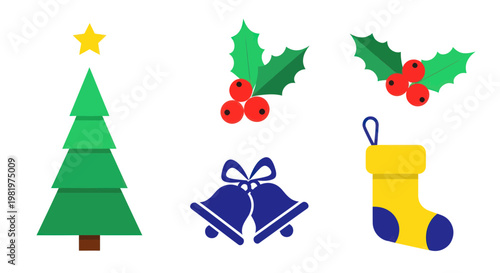 Christmas Icons: Tree, Holly, Bells, Stocking - Festive Holiday Symbols