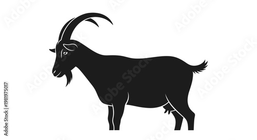 Black Silhouette of a Goat with Long Horns and Udder on White Background