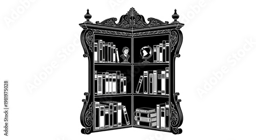 Ornate Antique Wooden Bookcase Furniture Piece.