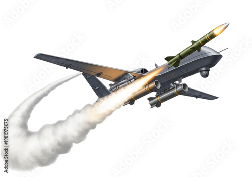 Illustration of an advanced unmanned aerial vehicle concept launching a precision missile, depicting modern military aerospace technology and remote combat operations