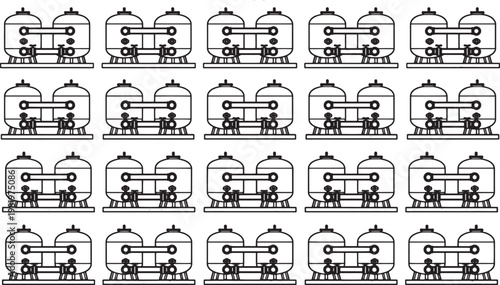 Repeating industrial tanks in an organized grid formation, a study in geometry and the processes of industry, evoking concepts of storage, technology, and manufacturing.