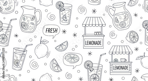 Hand-drawn lemonade stand pattern with fresh citrus drinks and summer vibes