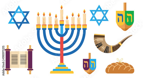 Hanukkah symbols: Menorah, dreidels, Star of David, Torah scroll, shofar, challah bread