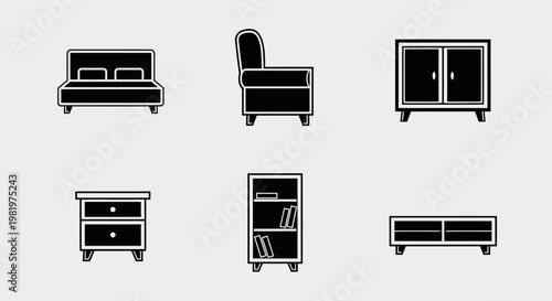 Minimalist furniture icons set bed chair cabinet nightstand bookshelf tv stand