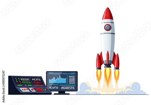 Dynamic illustration of a rocket launching with control panels, symbolizing successful business startup, rapid growth, and innovative project development, driven by technology
