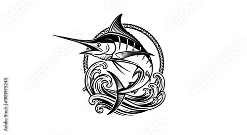 Marlin Fish Jumping in Waves, Nautical Emblem, Fishing Sport Vector Art