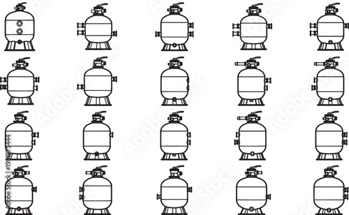 A comprehensive collection of schematic diagrams showcasing various models of filtration systems, designed for industrial or residential water treatment applications.