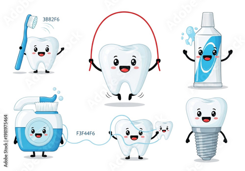 Cheerful animated teeth illustrating the importance of comprehensive oral care, featuring a range of essential hygiene tools and dental solutions for a happy mouth