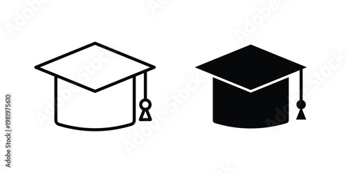 Graduation cap icon editable vector pack. Black flat and line symbols