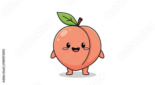 Cute pixel art peach character with a happy face and green leaf, isolated on white background, kawaii food illustration