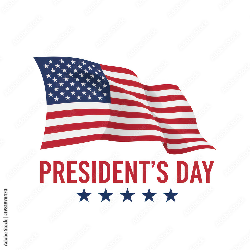 Fototapeta premium Waving american flag with president's day text isolated on a transparent background
