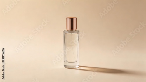 Elegant fragrance bottle and shadow: A beautifully styled fragrance bottle casts a delicate shadow, offering a sense of luxuriousness. Emphasizing simplicity and refinement.