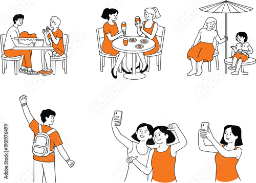 Set of people enjoying summer activities, group of friends dining outdoors and taking selfies vector illustration
