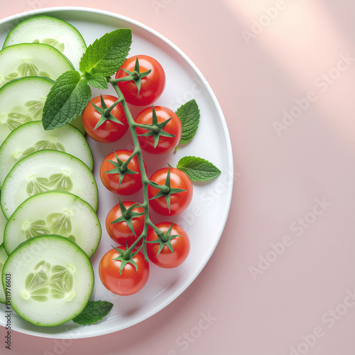 Gut health food, Summer. Fresh cucumber and cherry tomatoes with mint leaves on white plate, creating vibrant and healthy display