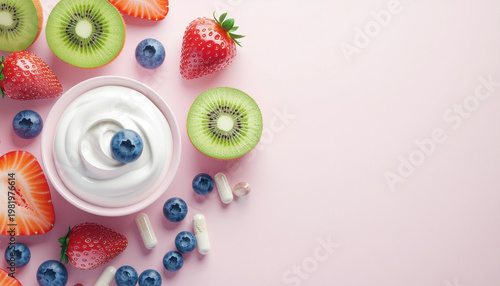 Gut health food, Summer. Creamy yogurt in bowl surrounded by fresh fruits and supplements on pastel pink background