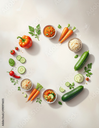Gut health food, Summer. circle of fresh vegetables including carrots, cucumbers, and bell peppers arranged creatively