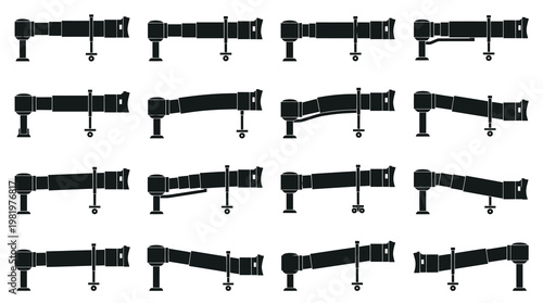 Aviation Airport Passenger Boarding Bridge Jetway Glyph Icons Set. Airbridge Vector Silhouettes.