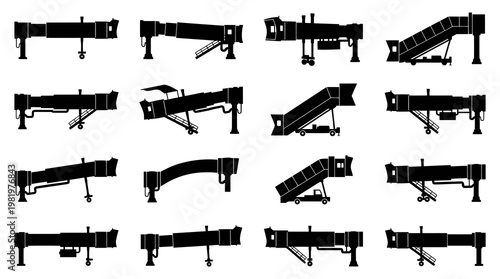 Aviation Airport Jet Bridge and Aircraft Stairs Silhouette Icons Vector Set