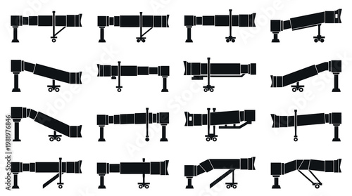 Black and White Airport Jet Bridge Icons, Various Angles, Vector Set