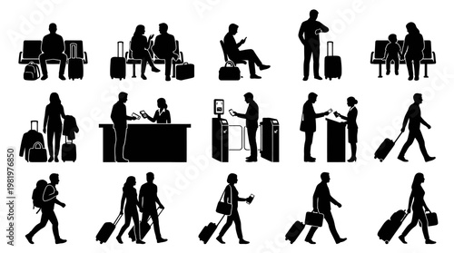 Black  White Silhouettes of Airport Travelers with Luggage