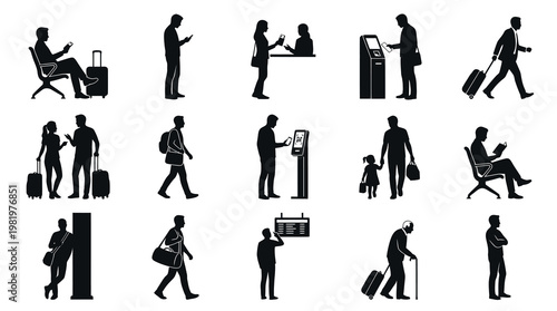 Airport Travel People Silhouette Icon Set - Passengers and Travelers Vector Glyphs