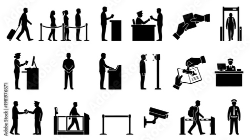 Travel and Security Checkpoint Procedures Glyph Icons Set