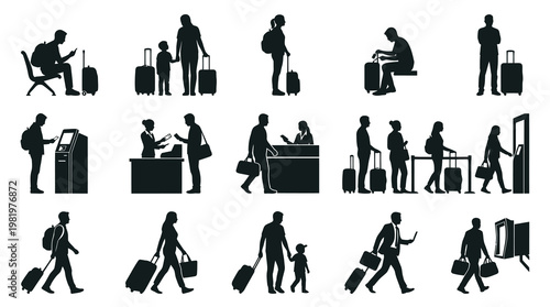 Airport Travel People Silhouettes with Luggage Vector Glyphs Icon Set