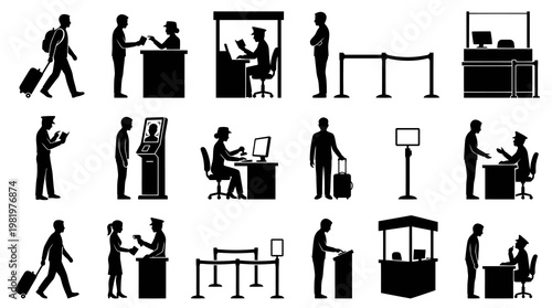 Airport Security Checkpoint Icons: Border Control, Queue, Scanner, Pass