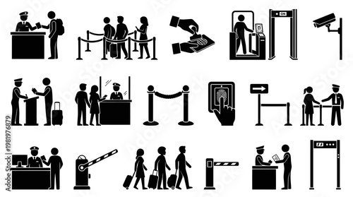 Security Checkpoint Icons: Airport Border Control and Surveillance Glyph Art
