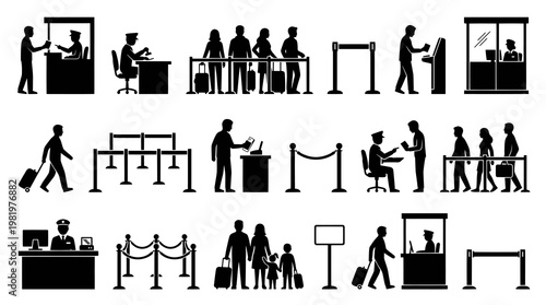 Airport Security Checkpoint Silhouettes: Customs, Passport Control, Border