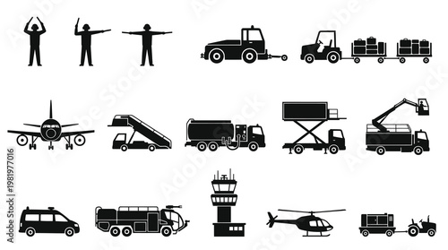 Airport Aviation Ground Support Equipment and Personnel Black White Glyph Icons