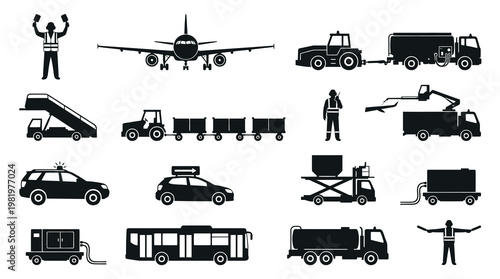 Airport Ground Support Equipment and Staff Silhouettes in Black and White