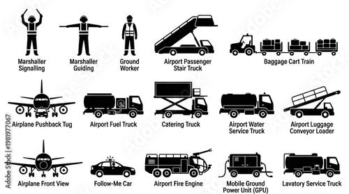 Airport Ground Support Equipment Icons - Black  White Glyph Art