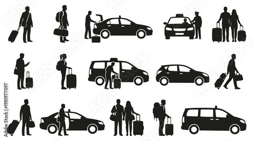 Travel and Transportation Silhouettes: Passengers, Luggage, Taxis  Cars Vector Icons Set