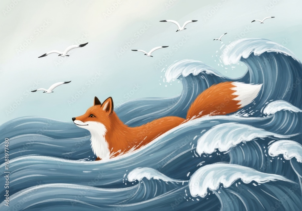Fototapeta premium Red fox swims through turbulent ocean waves while seagulls fly overhead.
