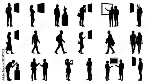 Art Gallery Museum Visitors Silhouettes: People Viewing Paintings  Sculptures