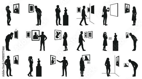 Gallery visitors, art lovers, museum exhibition, silhouettes of people viewing art