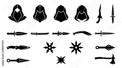 Fantasy Assassin Gaming Weapons and Hoods Black Glyph Silhouettes Icon Set