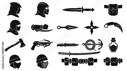 Ninja Assassin Weapons and Gear Black Glyph Icons Set