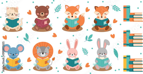 Adorable Storytime Animal Characters Reading Books Vector Set Featuring Cat Bear Fox Mouse Lion and Rabbit for Childrens Education and Nursery School Library Decor