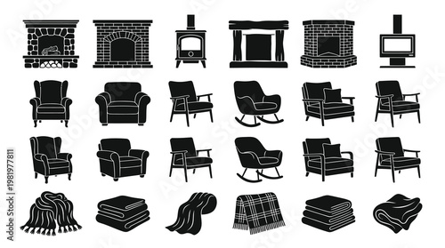 Home Comfort  Interior Design Glyph Icons: Fireplaces, Armchairs, Blankets, Stoves