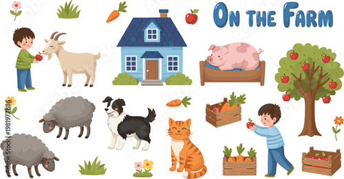 Charming Countryside Farm Vector Set Featuring Blue Farmhouse, Apple Orchard, Livestock, and Gardening Activities for Children's Educational Design and Rural Life Branding