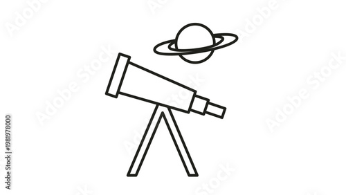 Minimalist black line art vector icon of a telescope on a tripod pointing towards a ringed planet like Saturn, symbolizing astronomy, space exploration, science, and celestial observation.