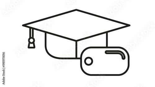 Minimalist black line art vector icon of a graduation mortarboard cap with a tassel and a military dog tag, representing veteran education, GI Bill benefits, and military student achievement.