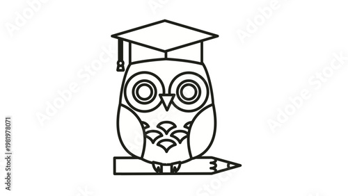 Wise owl wearing a graduation cap and perched on a pencil vector icon. Minimalist black line art illustration of a scholarly bird symbol for education, learning, and academic success.