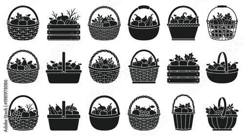 Black  White Glyph Icons of Harvest Fruit  Vegetable Baskets, Food Industry