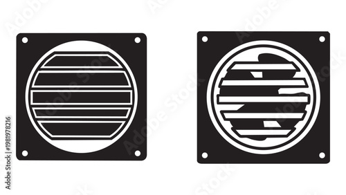 Two black and white vent covers with horizontal slats