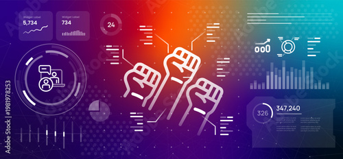 digital activism and social movement concept featuring raised fists on technological interface online protest community power advocacy and collective action in internet and global social change